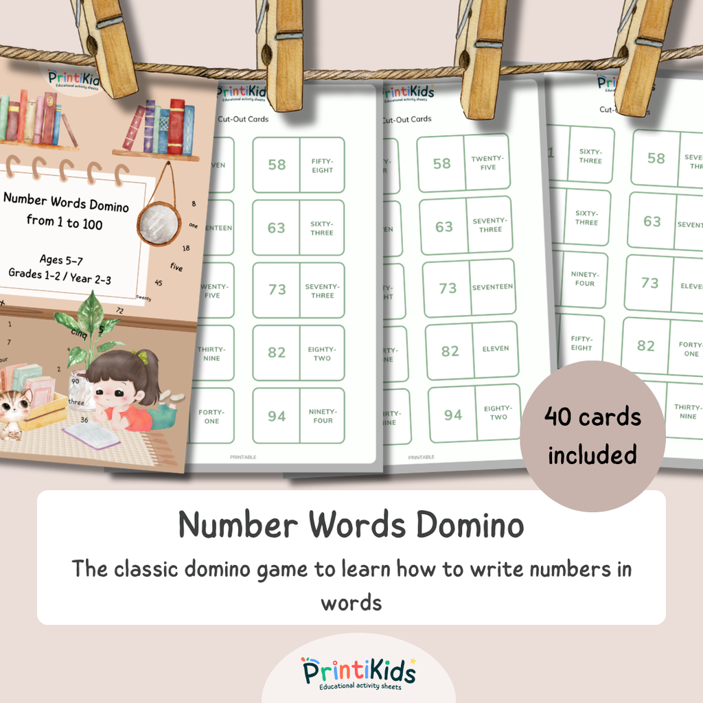 Number Domino Game 1–100 Digits and Words – Ages 6–8 Grade 1–2 Year 2–3