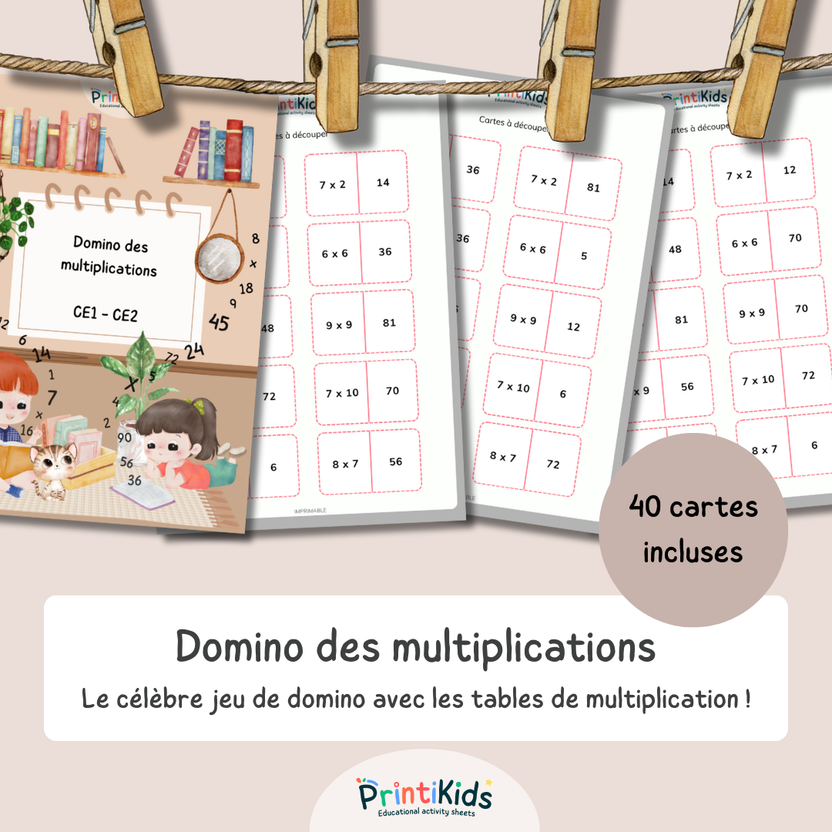 Domino multiplications CE1 CE2 – Jeu tables à imprimer – Printikids