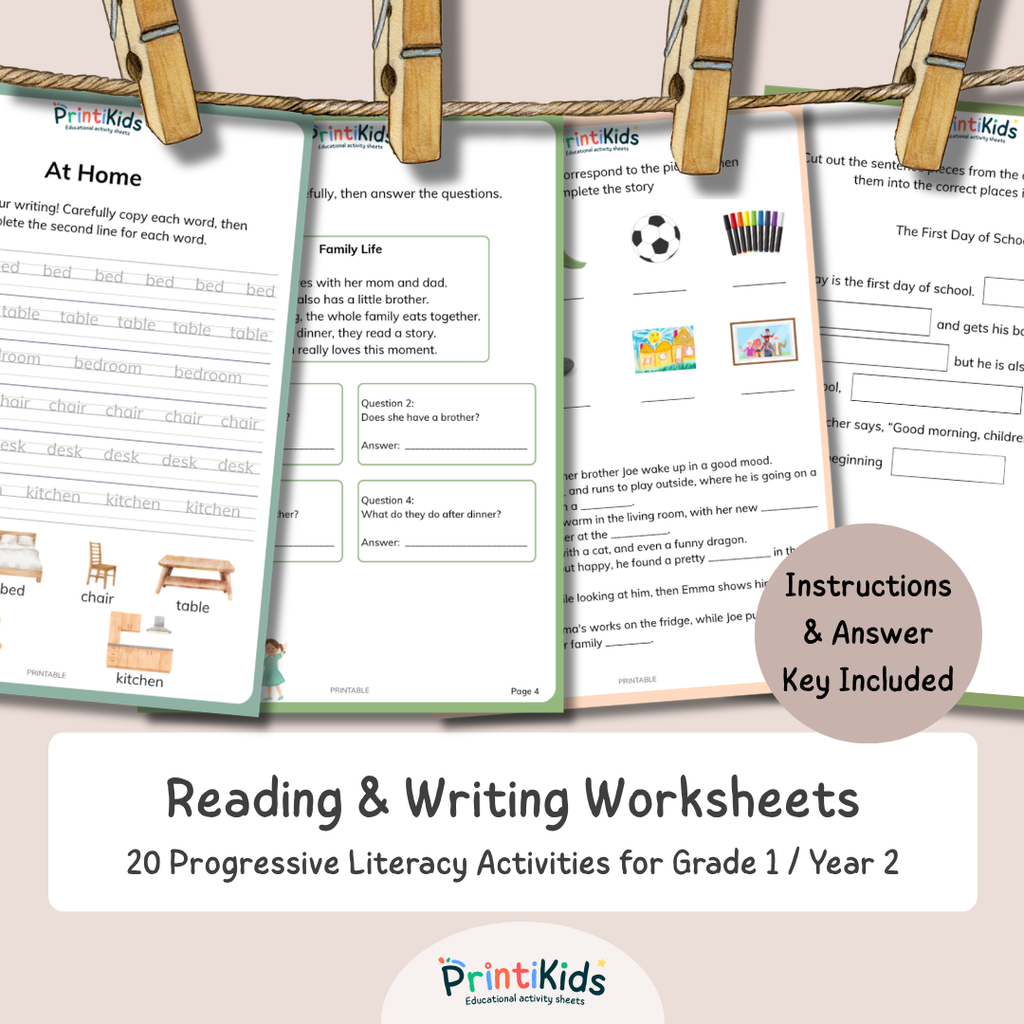 Reading & Writing Worksheets – 20 Progressive Literacy Activities – Grade 1 / Year 2