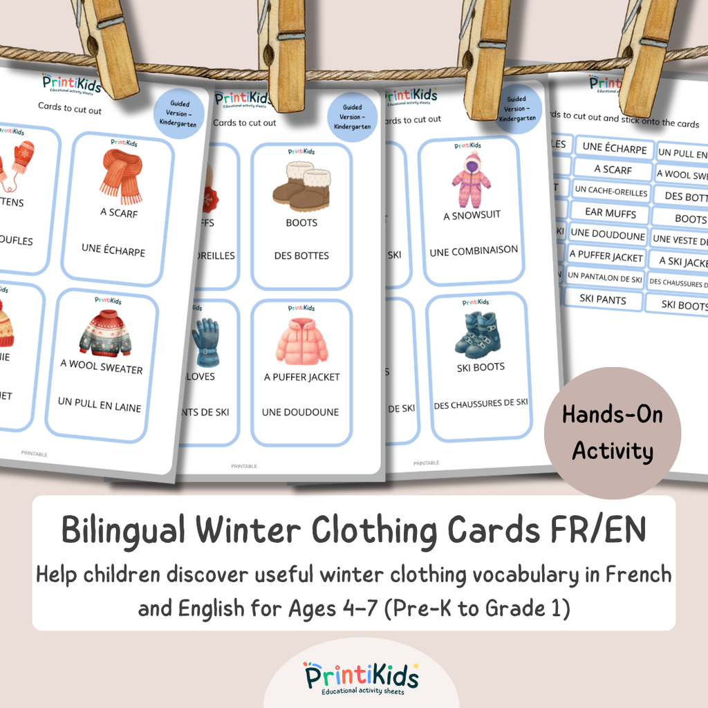 🇫🇷🇬🇧 French Winter Clothing Vocabulary Cards for Kids – Kindergarten to Grade 2