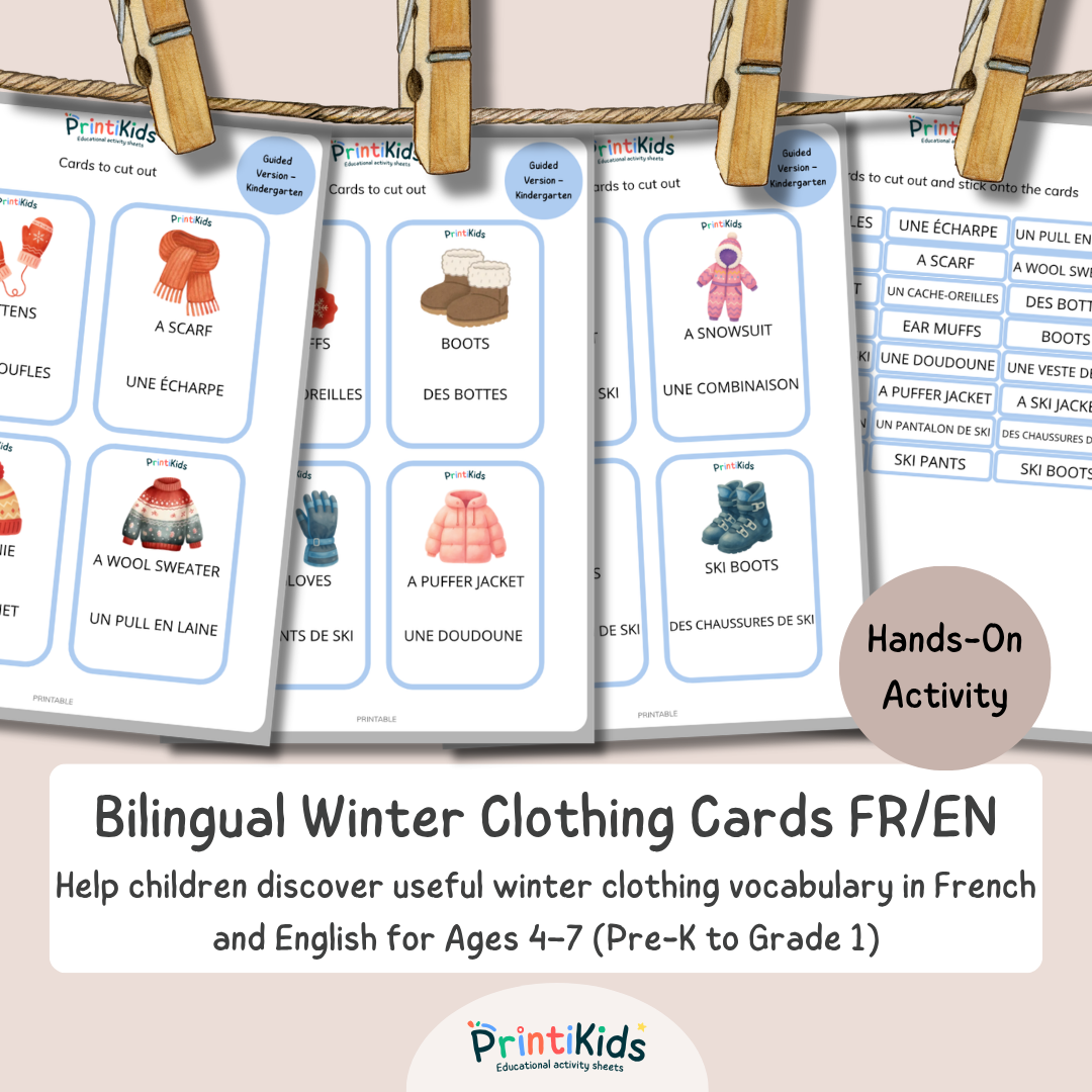 🇫🇷🇬🇧 French Winter Clothing Vocabulary Cards for Kids – Kindergarten to Grade 2