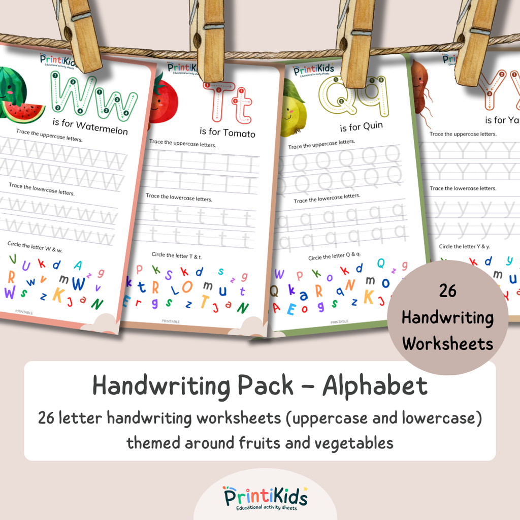 Handwriting Practice Pack – Fruits & Vegetables - Ages 5–7 | Kindergarten–Grade 1 | Year 1–2