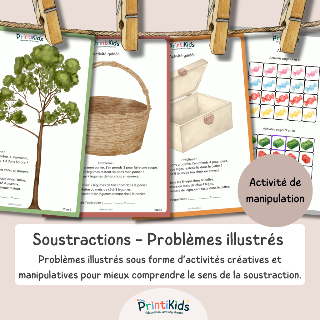 Problèmes de soustractions illustrés – activité de manipulation - CP-CE1