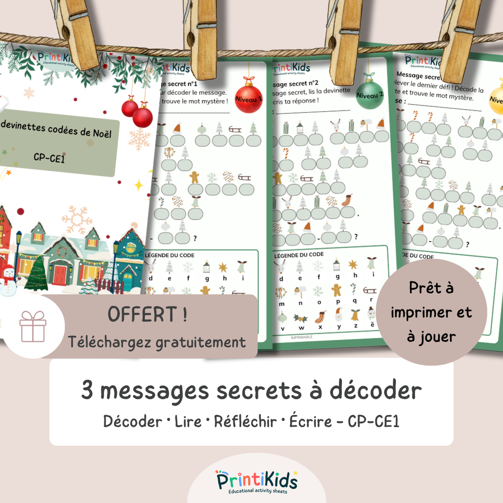 Activité de Noël gratuite à imprimer – Messages secrets du Père Noël – CP CE1