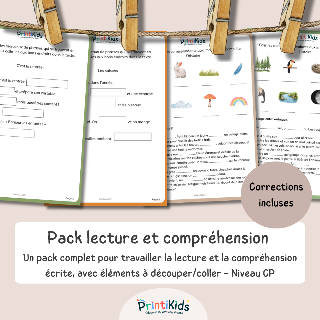 Pack de lecture à compléter – Lecture illustrée et textes à trous – CP CE1