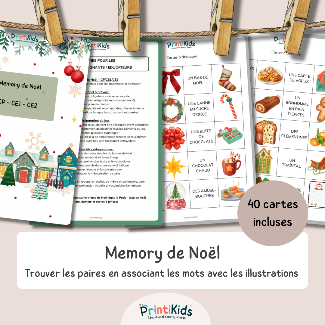 Memory de Noël – Jeu de lecture et vocabulaire - CP CE1