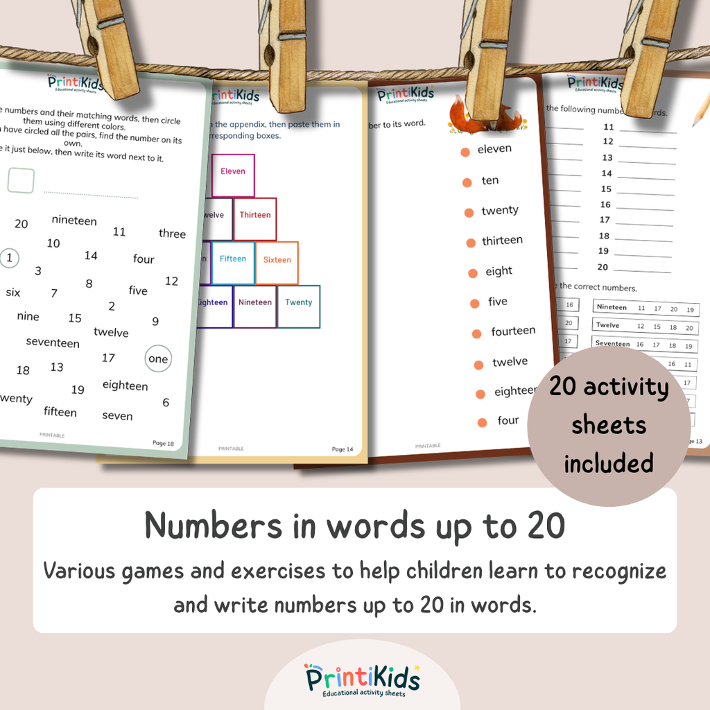 Write Numbers in Words 1–20 Activity Pack – Hands-On Math Worksheets (Ages 5–6 | Kindergarten / Year 1–2)