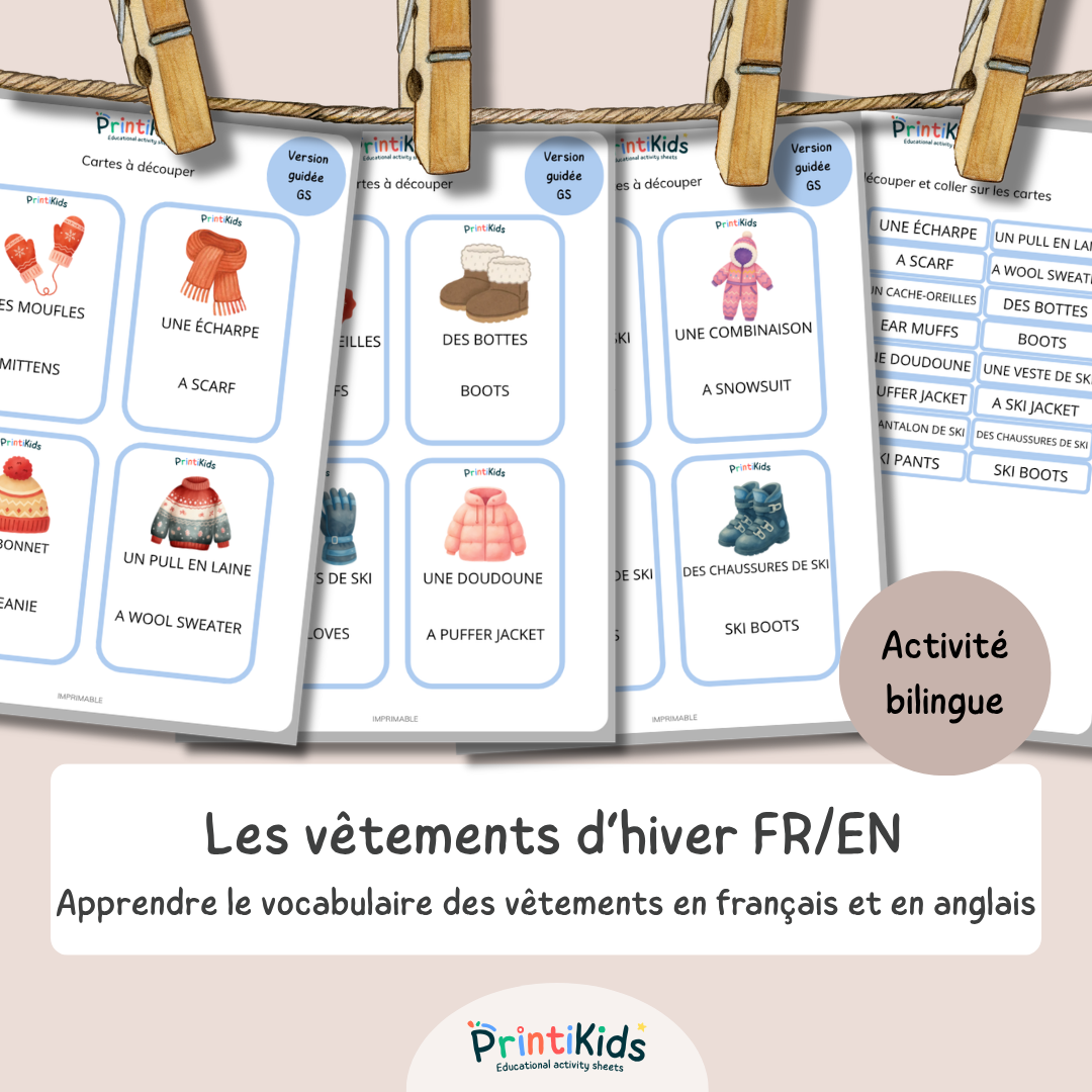 🇫🇷🇬🇧 Cartes de vocabulaire bilingues français anglais – Les vêtements d’hiver – GS CP CE1