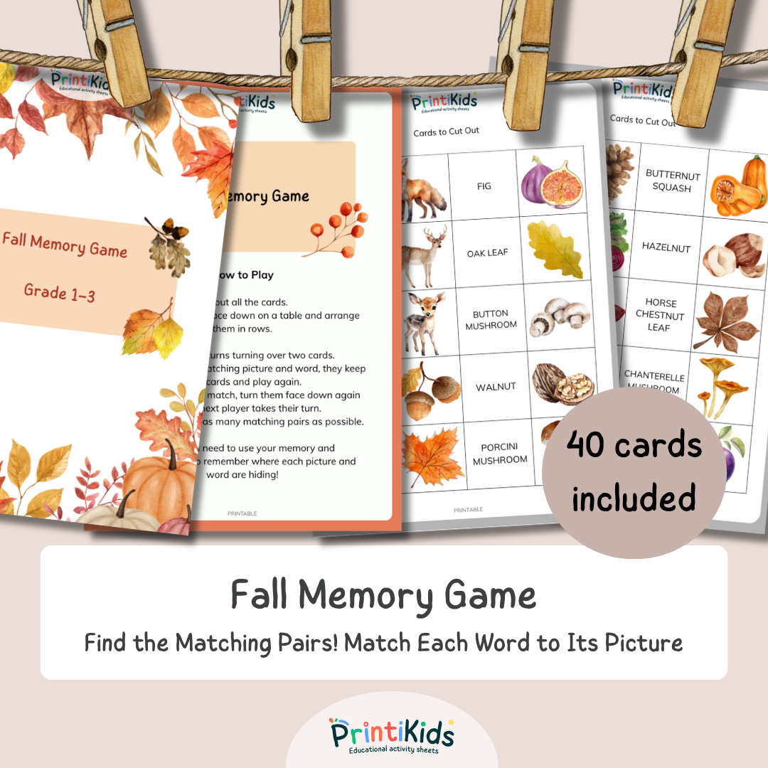 Fall Memory Game - Reading & Vocabulary Activity - Grade 1–3