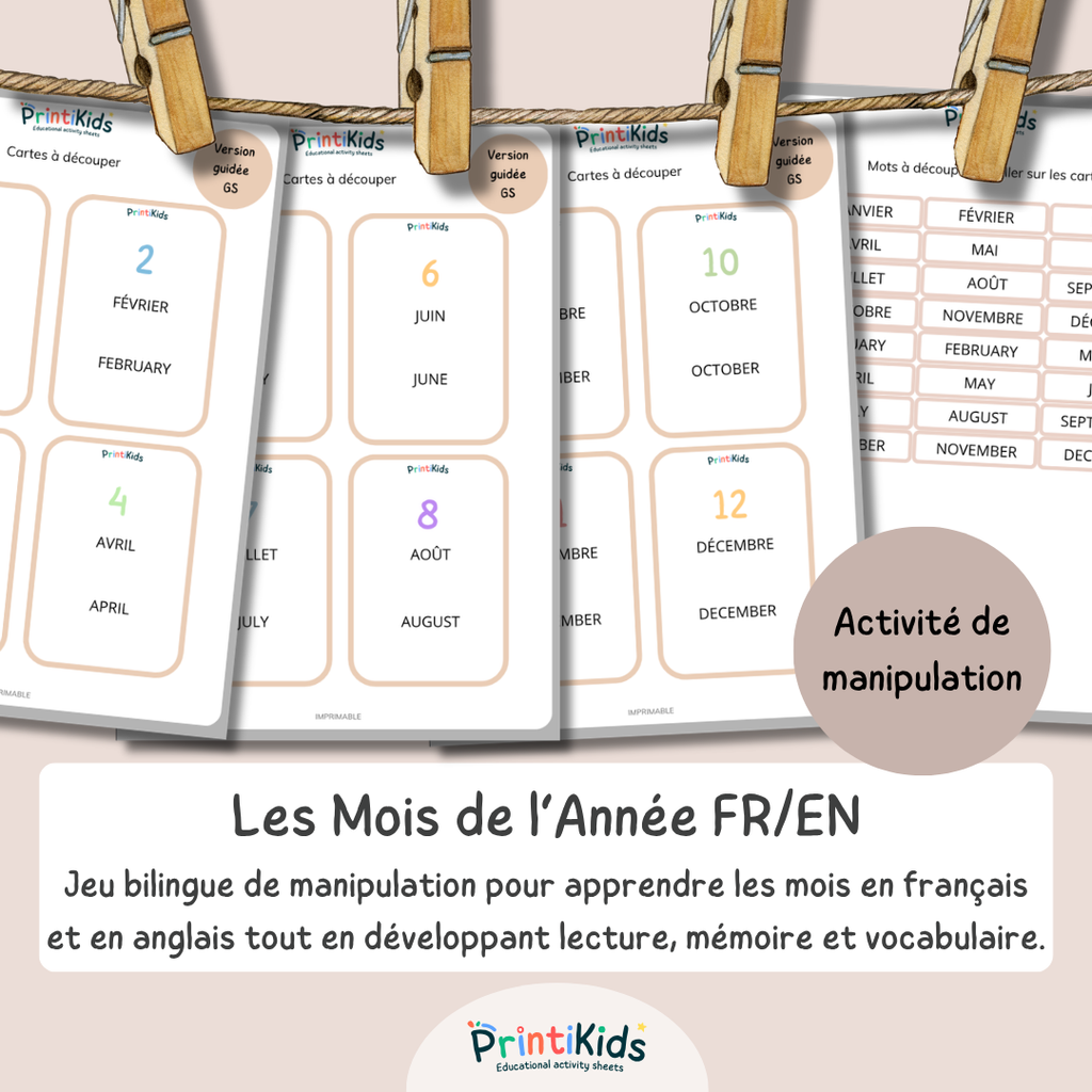 🇫🇷🇬🇧 Les mois de l’année bilingues français anglais – jeu éducatif de manipulation - GS CP CE1