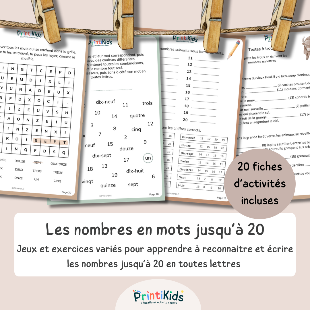Pack d'activités - Ecrire les nombres en mots de 1 à 20 - CP