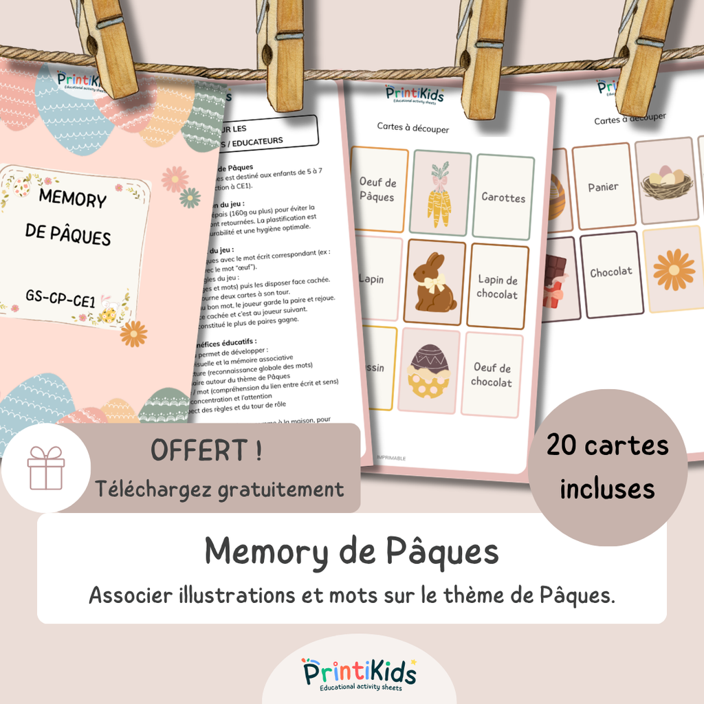 Jeu de memory de Pâques OFFERT – associer images et mots GS CP CE1