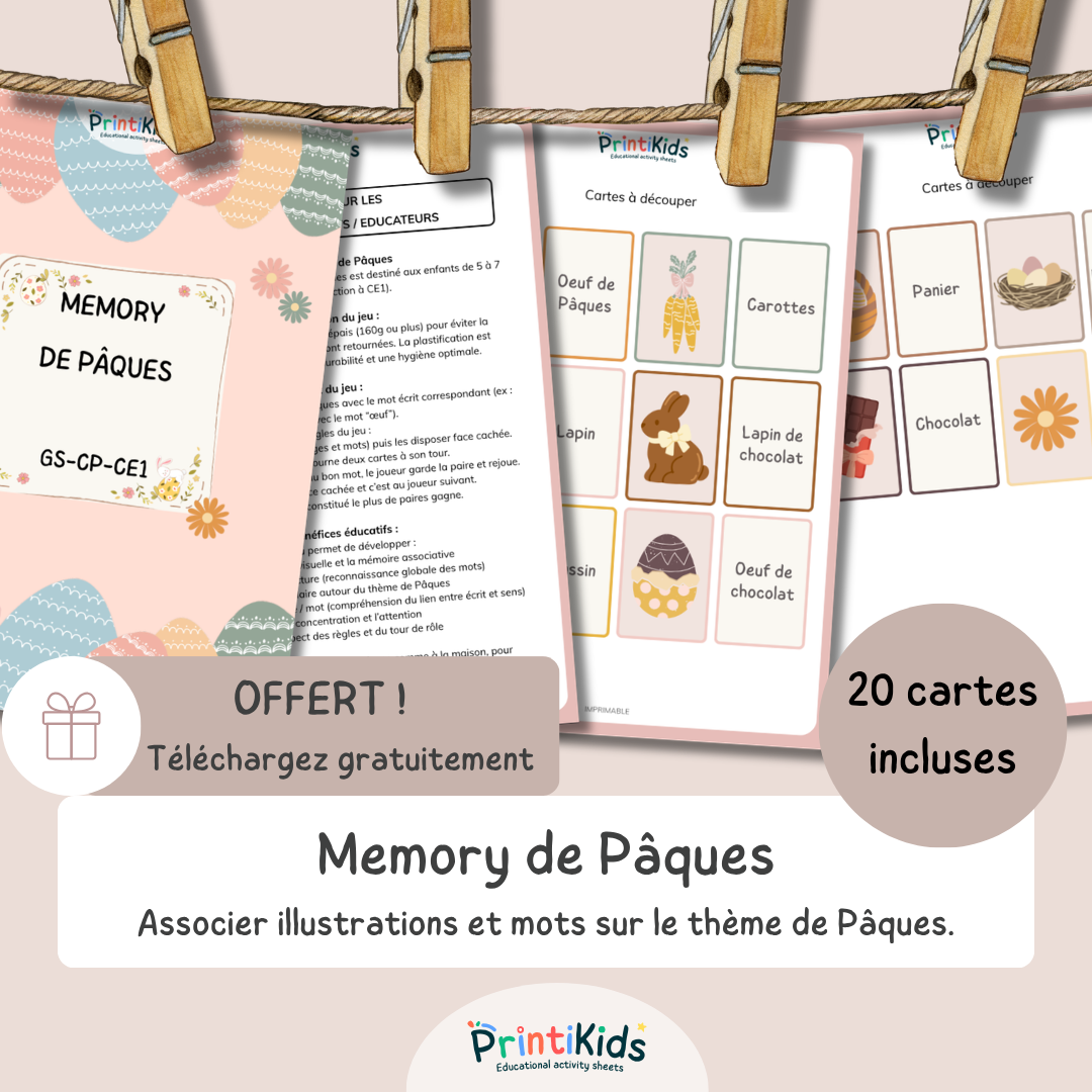 Jeu de memory de Pâques OFFERT – associer images et mots GS CP CE1