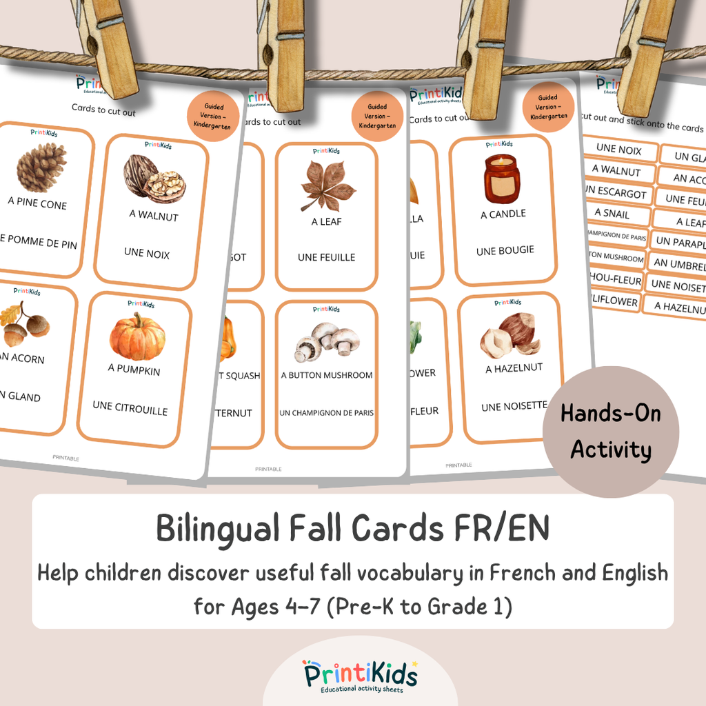 🇫🇷🇬🇧 Bilingual Fall Vocabulary Flashcards for Kids – Grades 1–2