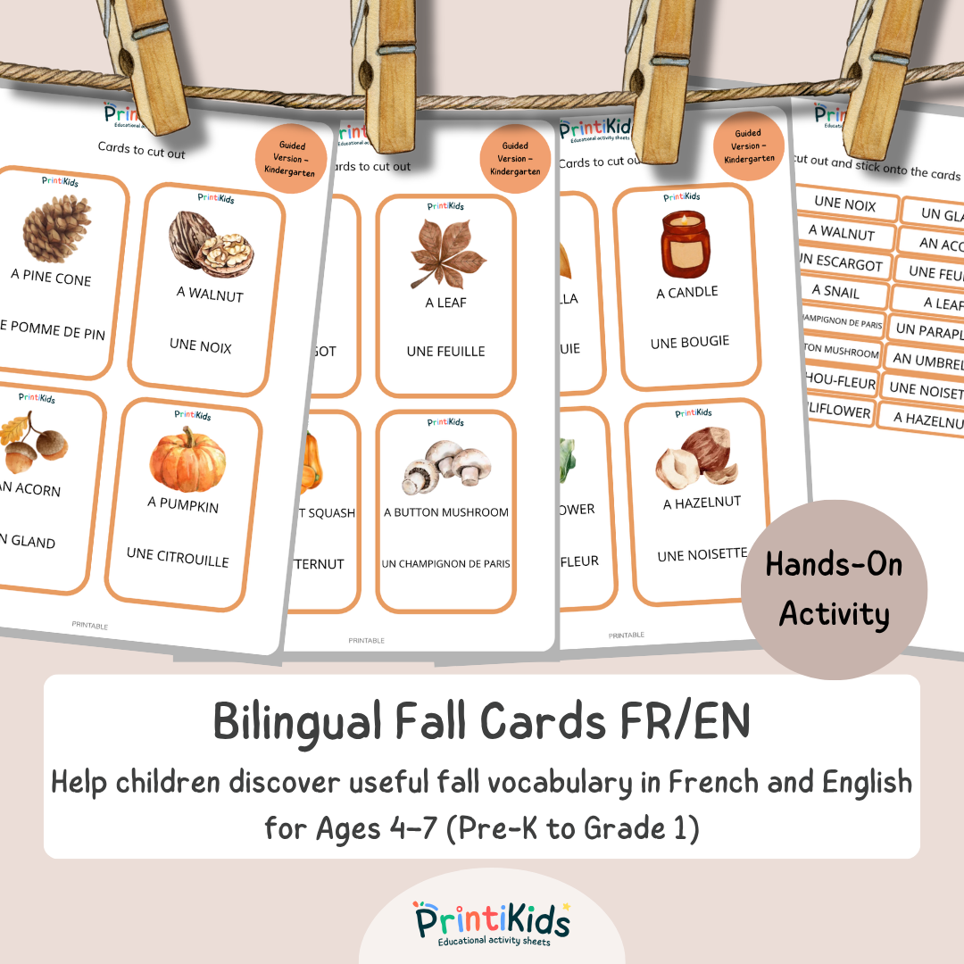 🇫🇷🇬🇧 Bilingual Fall Vocabulary Flashcards for Kids – Grades 1–2