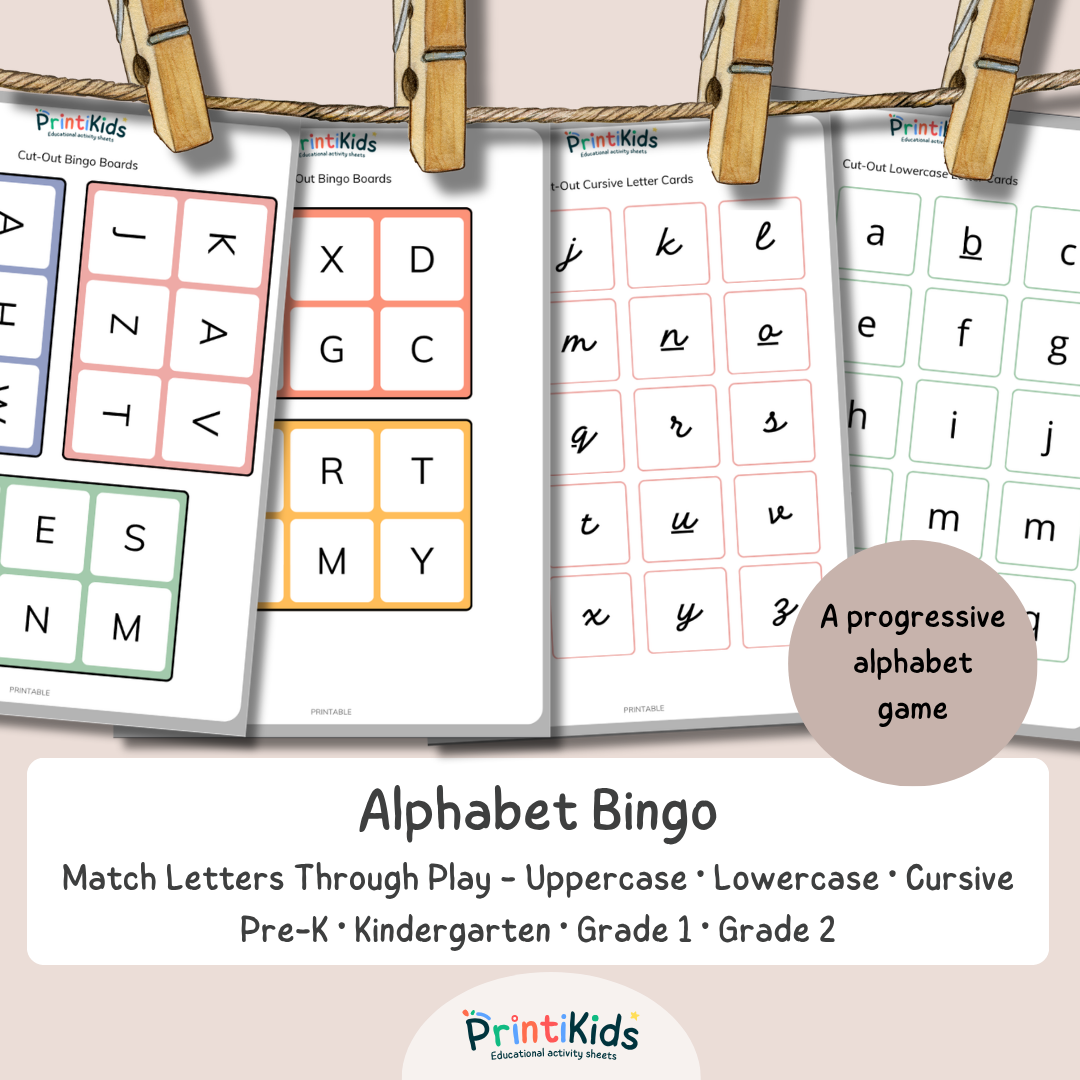 Alphabet Bingo – Match Uppercase, Lowercase & Cursive Letters – Pre-K Kindergarten Grade 1 Grade 2