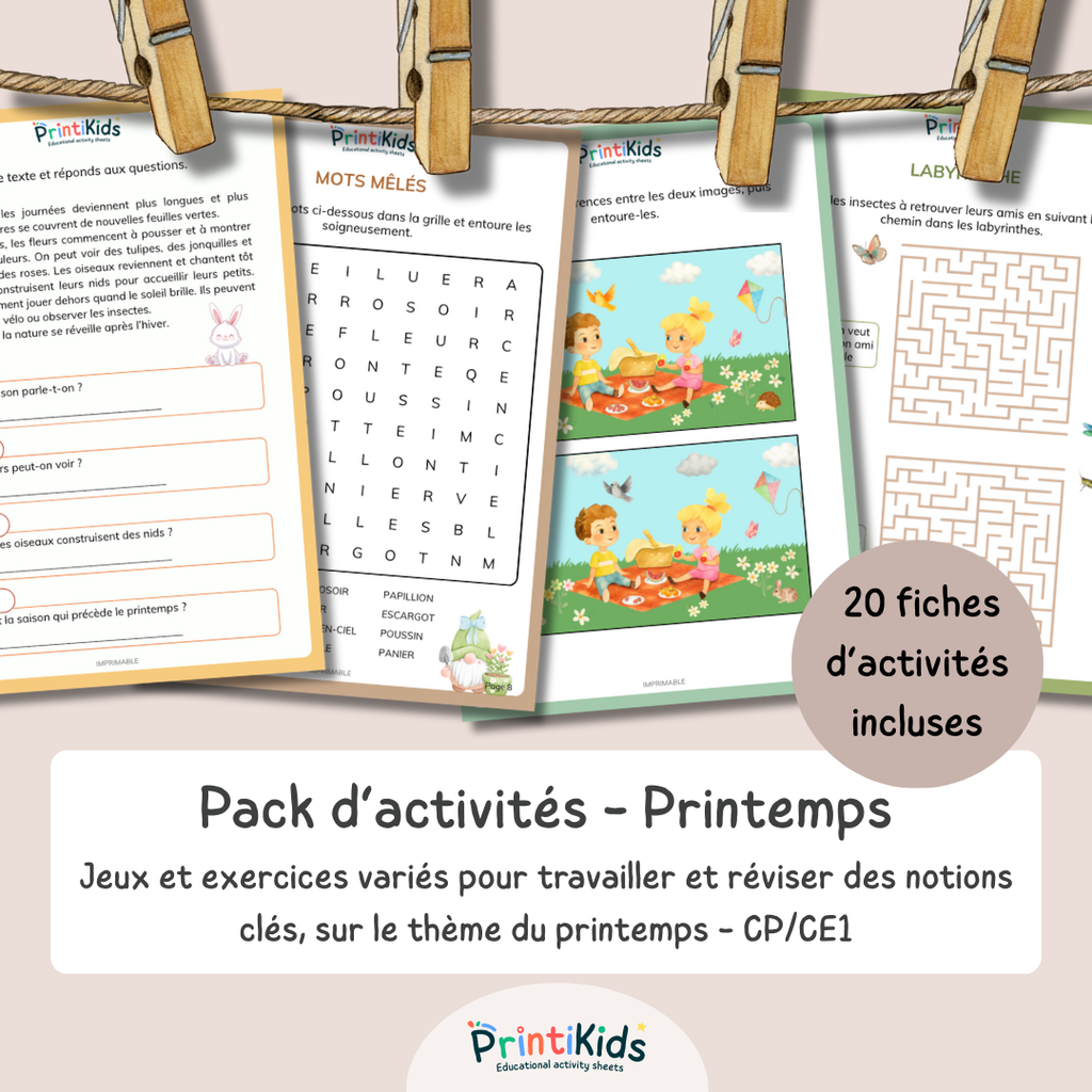 Pack activités printemps – Pack de 20 fiches ludiques et éducatives - CP CE1