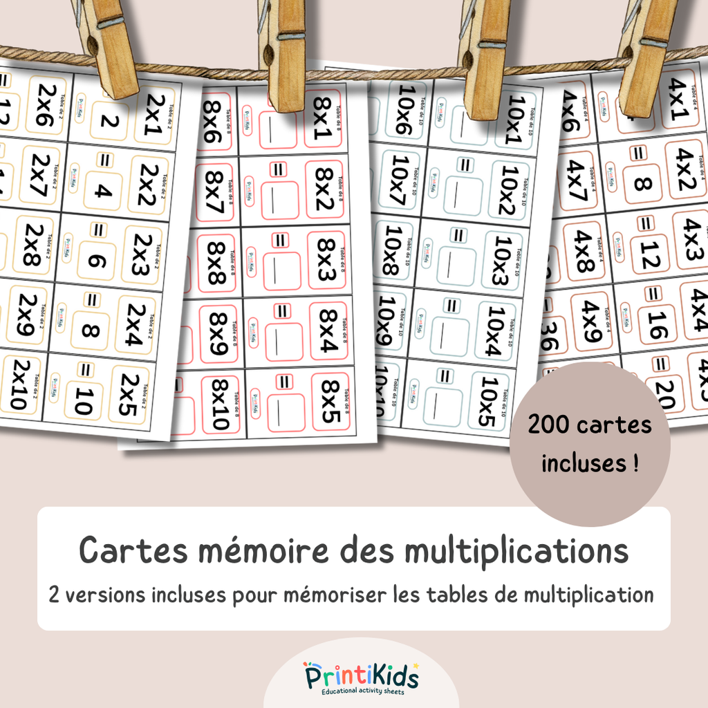 Cartes mémoire des multiplications – 200 cartes de calcul mental - CE1 CE2