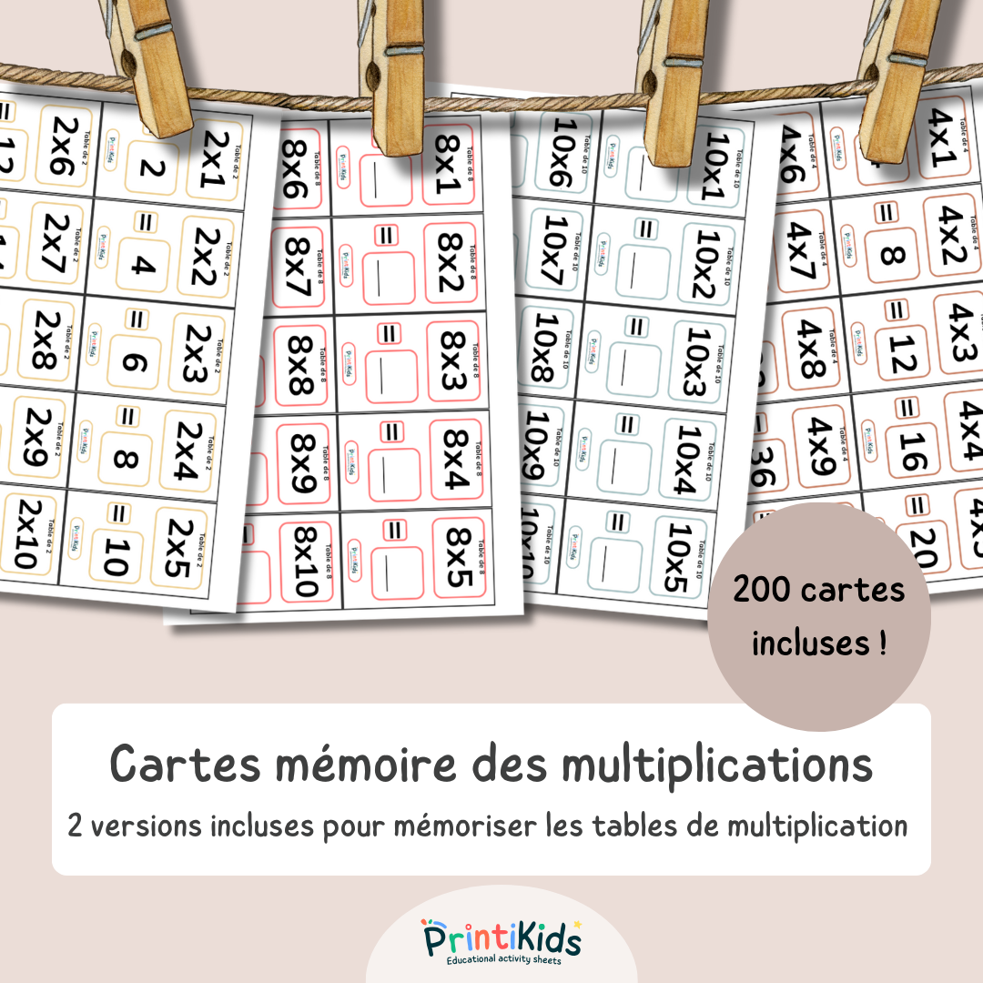 Cartes mémoire des multiplications – 200 cartes de calcul mental - CE1 CE2