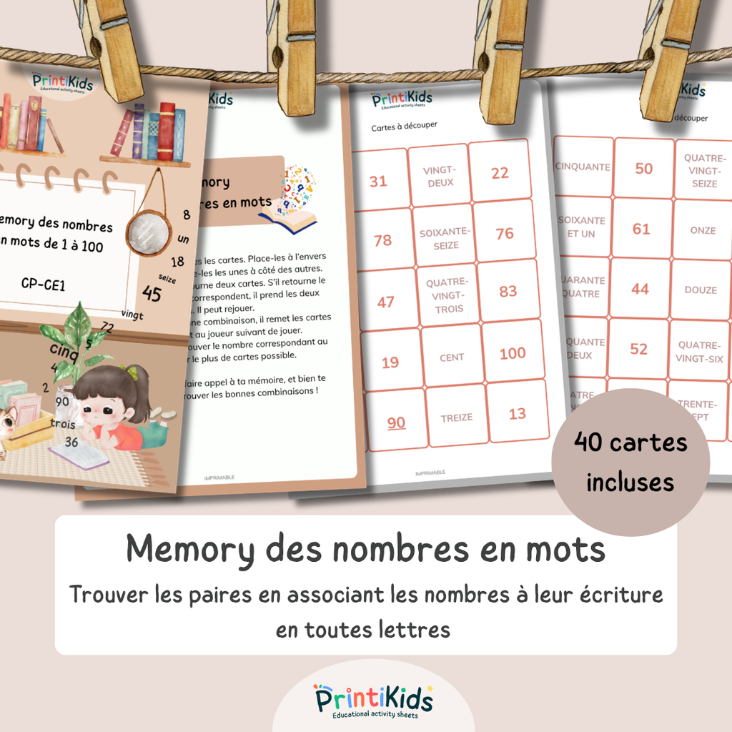 Memory des nombres jusqu’à 100 - Jeu de chiffres et lettres CP CE1