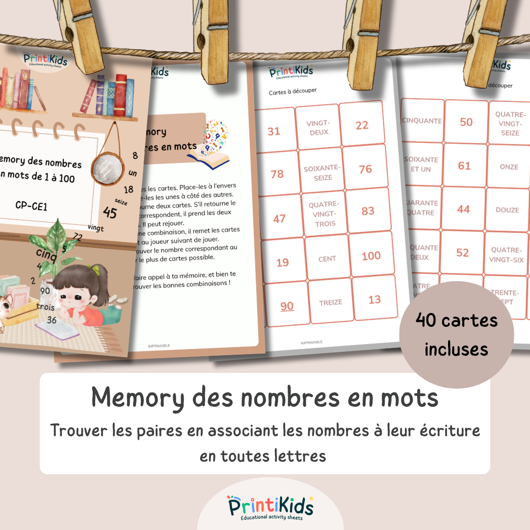Memory des nombres jusqu’à 100 - Jeu de chiffres et lettres CP CE1