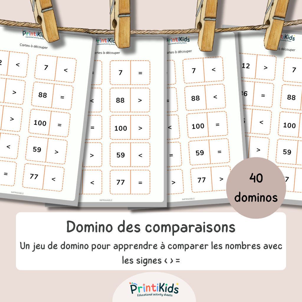 Domino comparaisons des nombres à imprimer – Jeu de maths CP avec les signes < > =