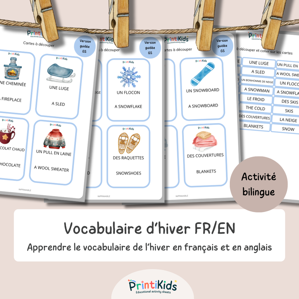 🇫🇷🇬🇧 Cartes de vocabulaire bilingues français anglais – Hiver – GS CP CE1