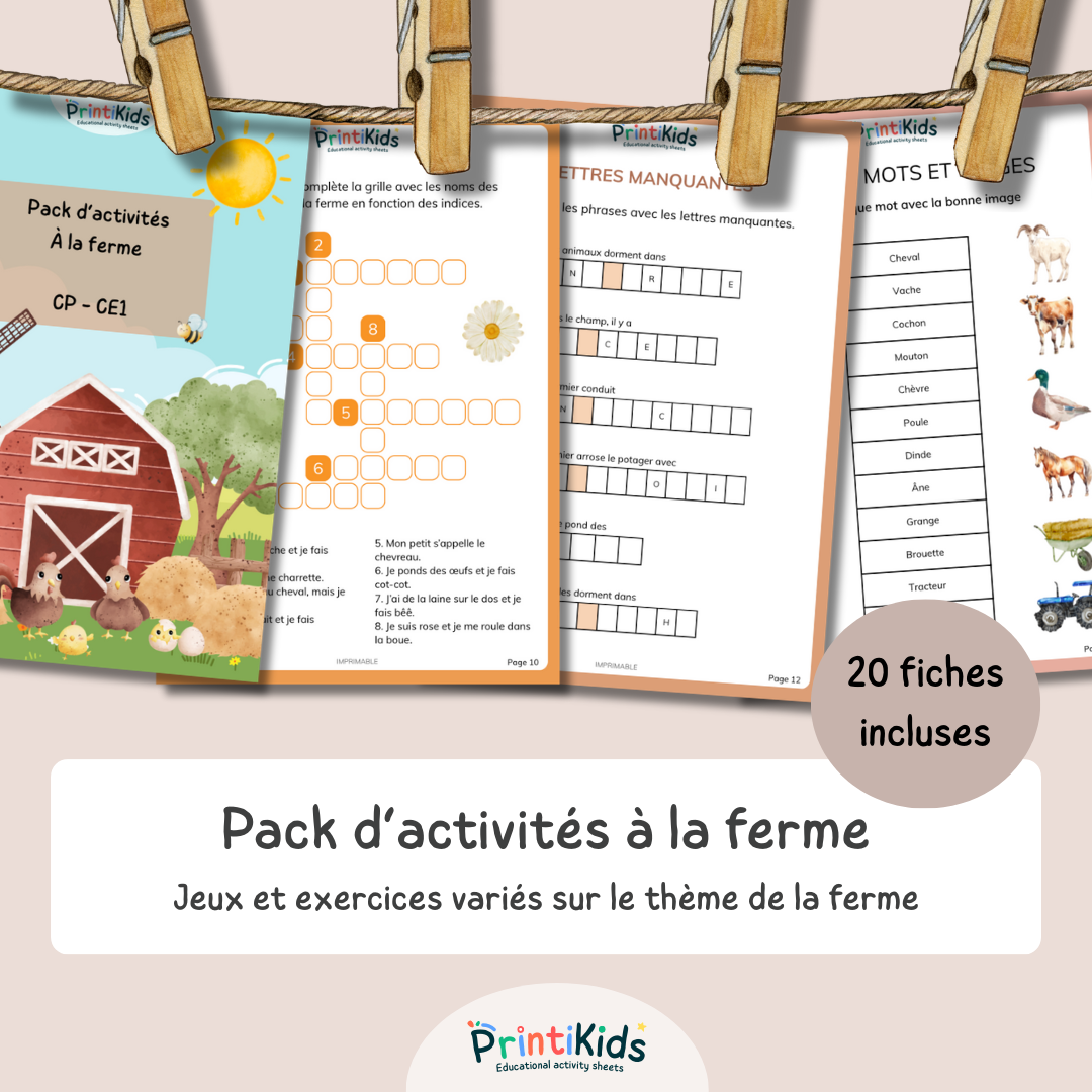 Pack activités de la ferme – Pack de jeux éducatifs et fiches pédagogiques - CP CE1