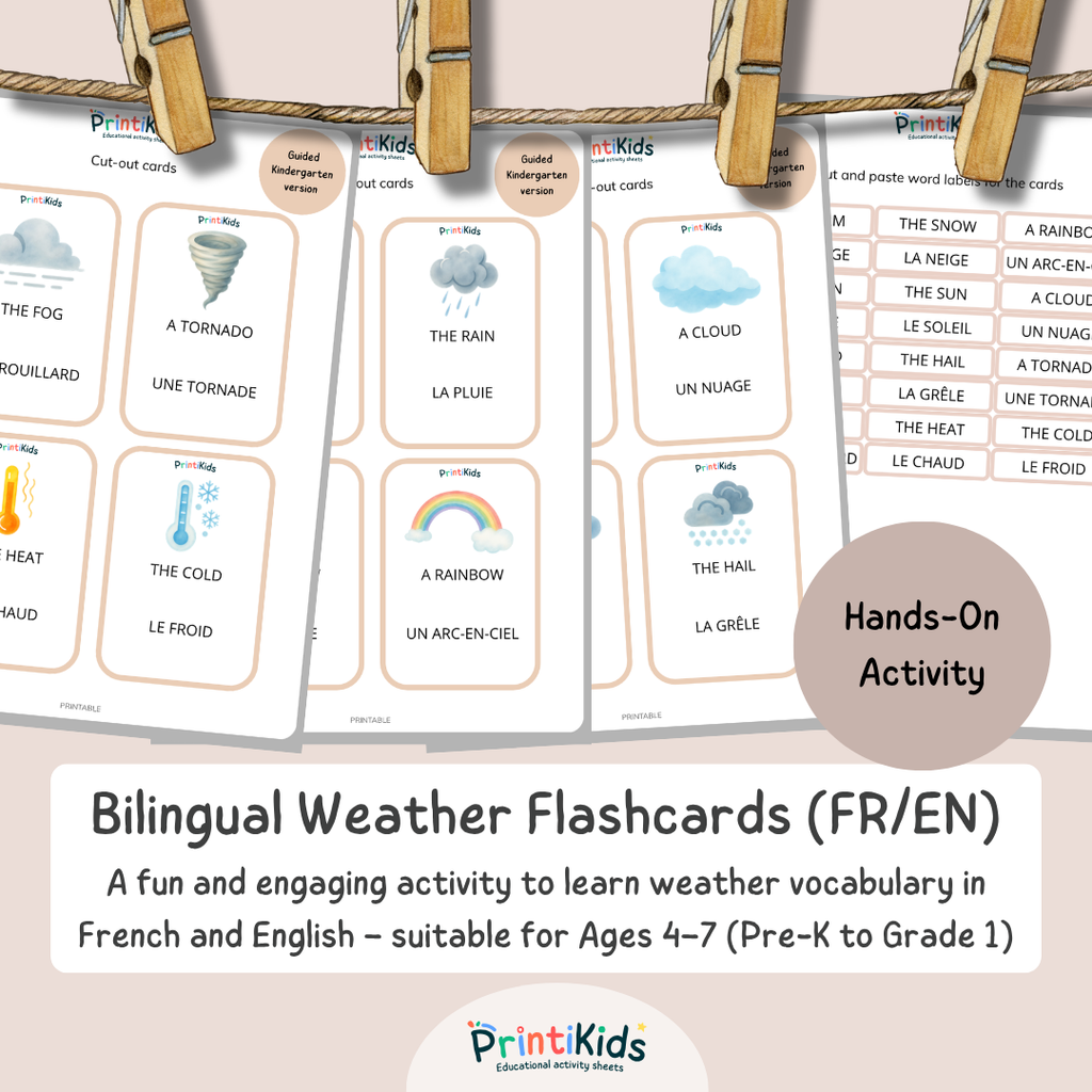 🇫🇷🇬🇧 Bilingual Weather Flashcards – French English Vocabulary Activity (Ages 5–7 | Kindergarten–Grade 1–2)