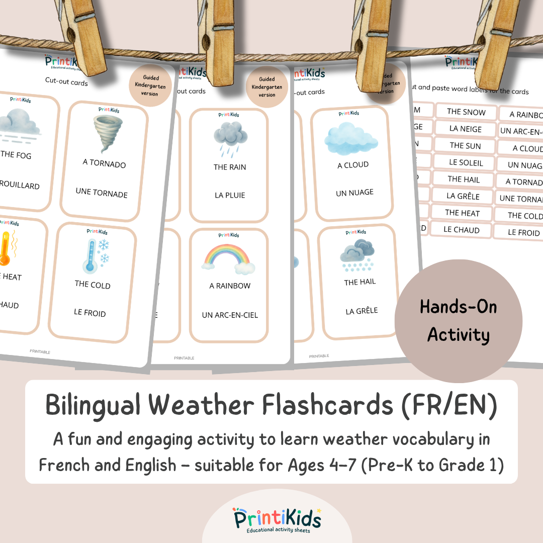 🇫🇷🇬🇧 Bilingual Weather Flashcards – French English Vocabulary Activity (Ages 5–7 | Kindergarten–Grade 1–2)
