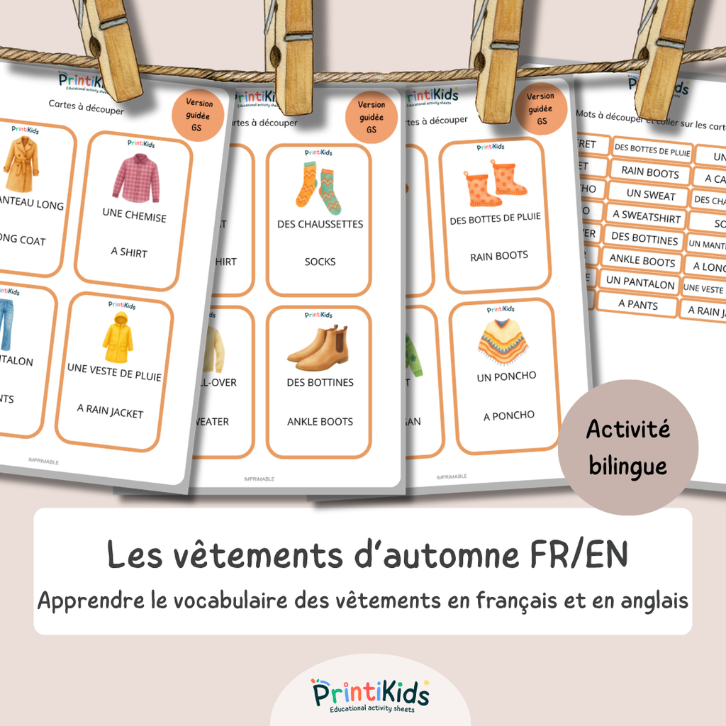 🇫🇷🇬🇧 Cartes de vocabulaire bilingues français anglais - Les vêtements d’automne – GS CP CE1