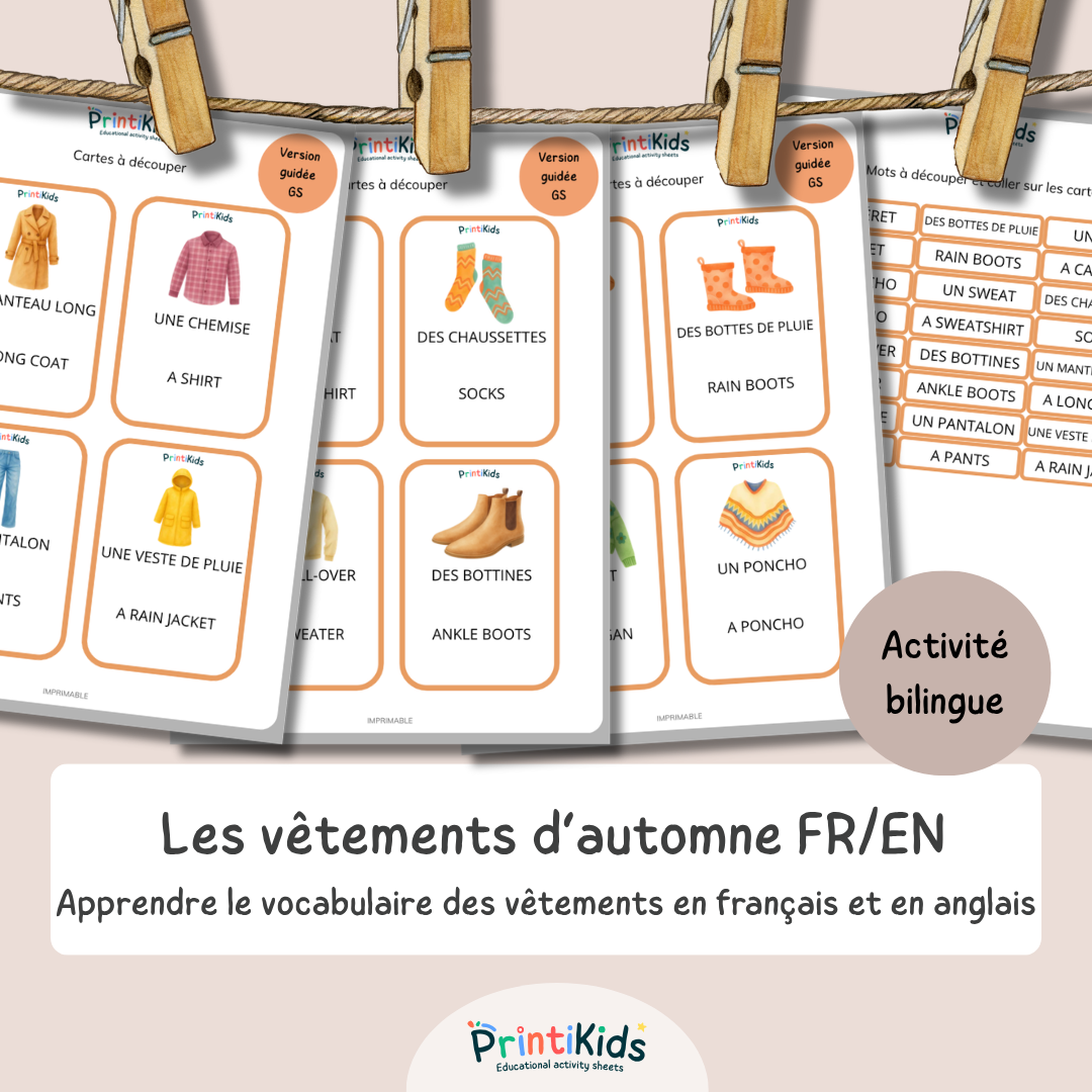 🇫🇷🇬🇧 Cartes de vocabulaire bilingues français anglais - Les vêtements d’automne – GS CP CE1