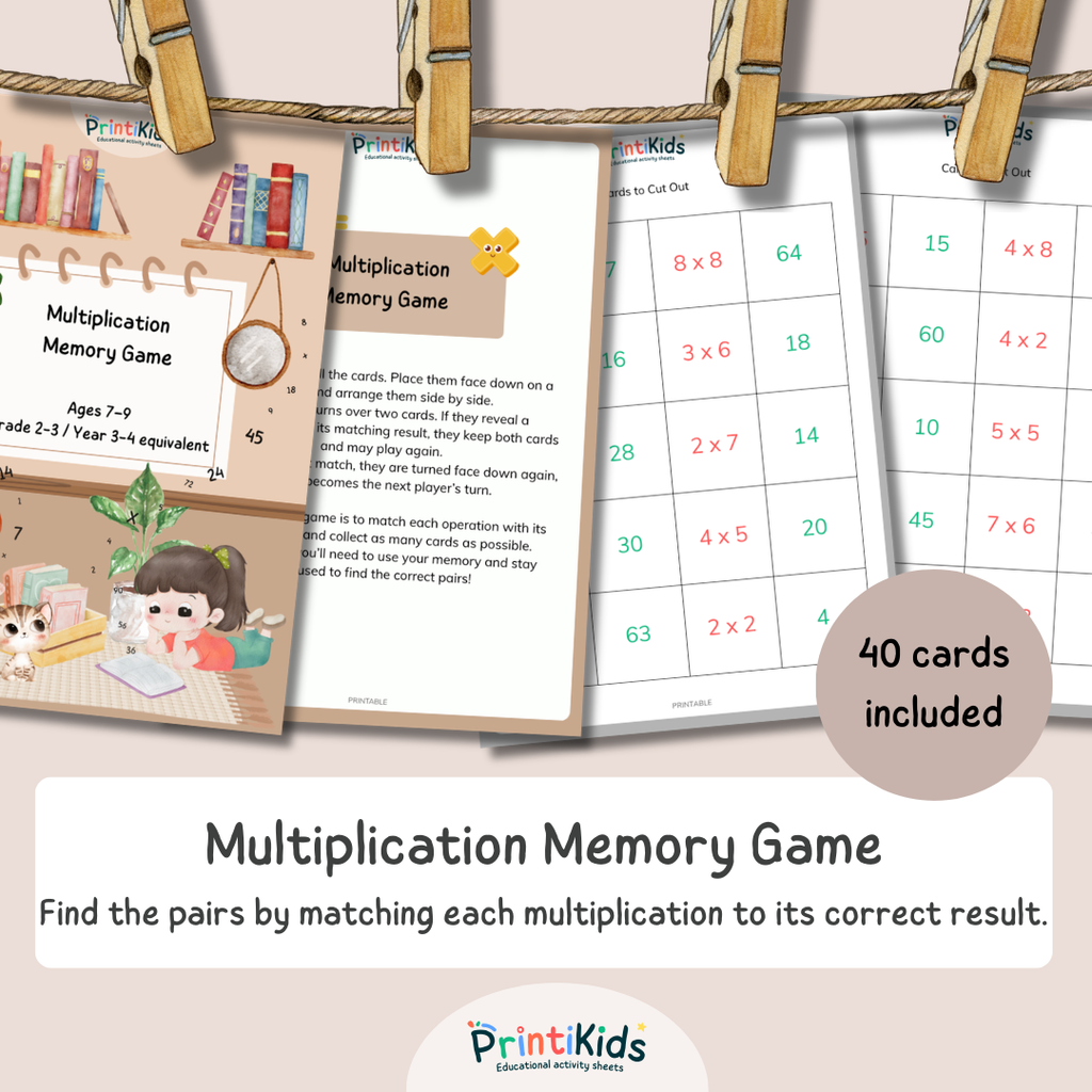 Multiplication Memory Game – 40 Cards - Ages 7–9 | Grade 2–3 | Year 3–4