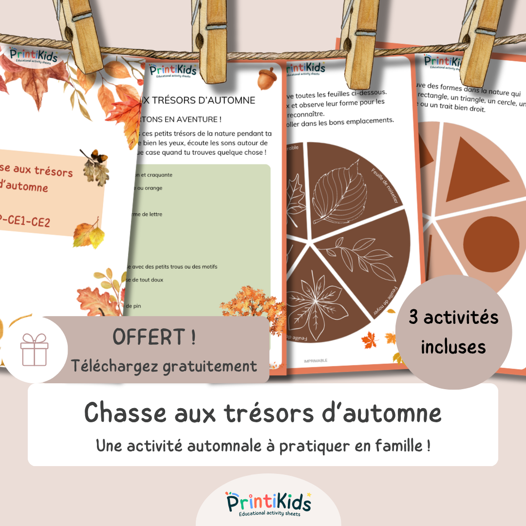 Chasse aux trésors de l'automne gratuite à imprimer – 3 activités nature – CP CE1 CE2