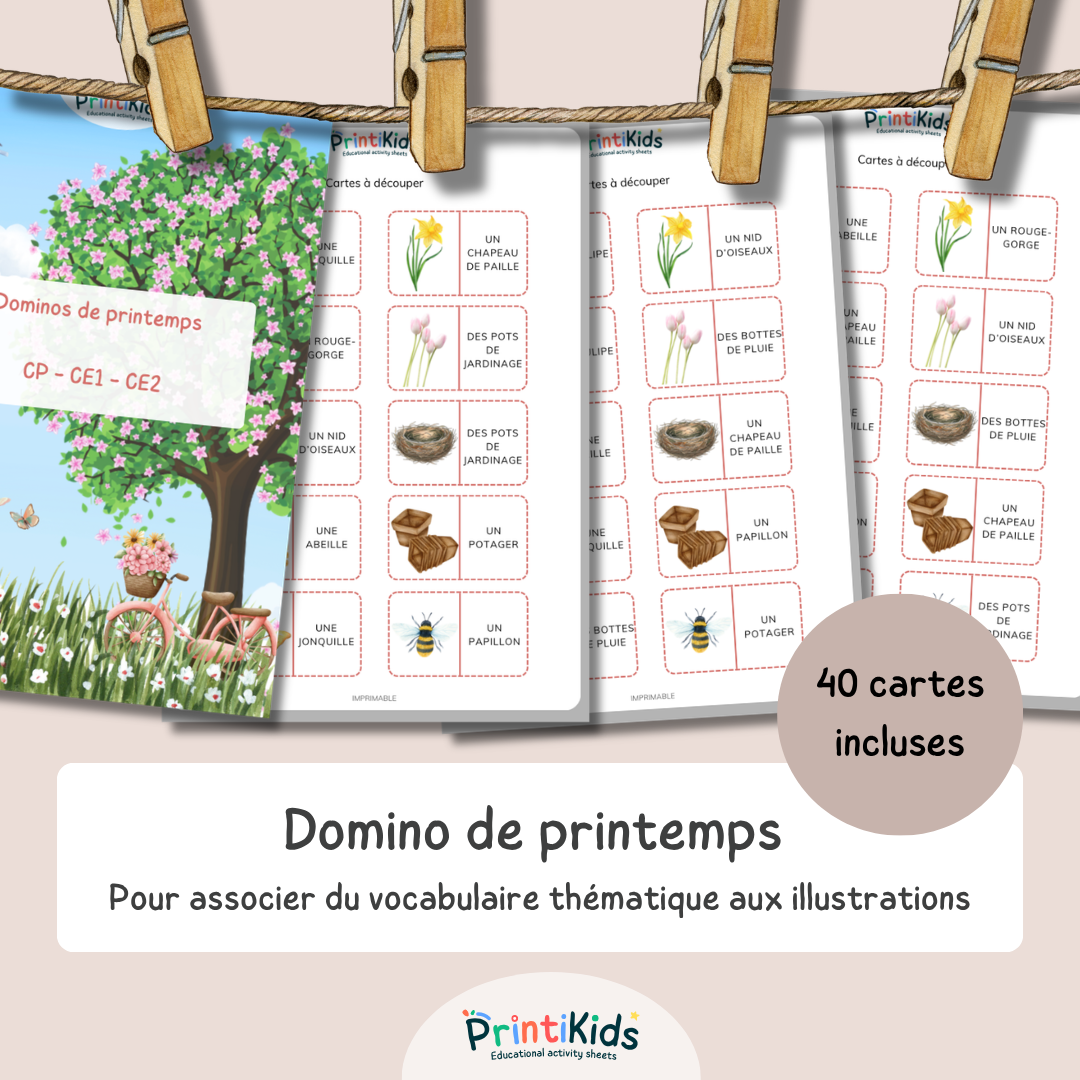 Domino de mots du printemps – Jeu de lecture CP CE1