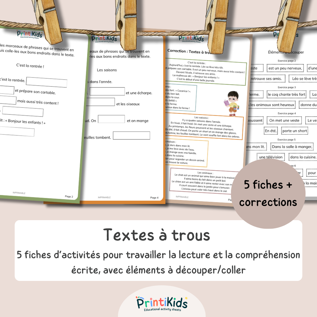 Textes à trous – Lecture et compréhension - Pack 5 fiches - CP