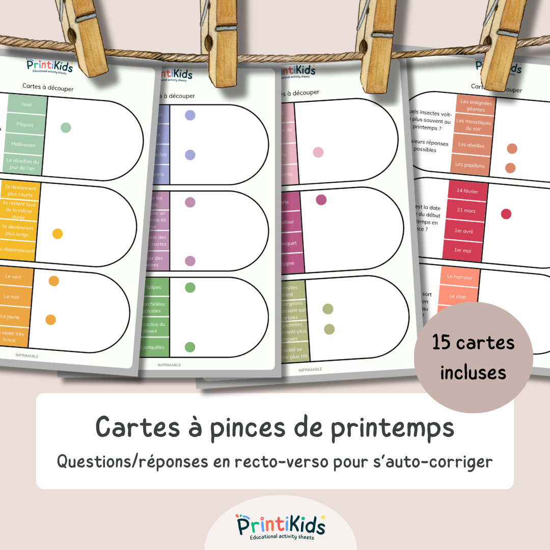 Cartes à pinces printemps – Jeu de lecture et compréhension CP CE1 CE2