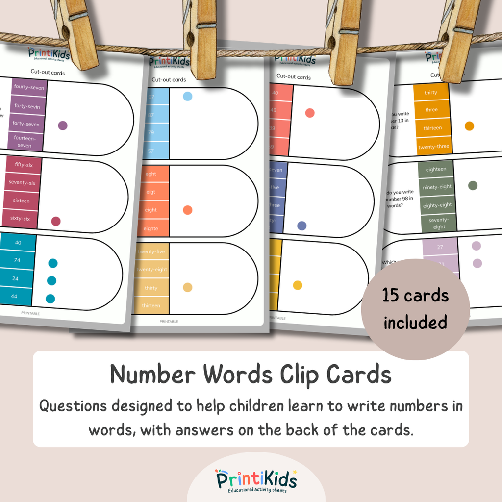 Number Words Clip Cards 1–100 – Self-Correcting Math Activity (Ages 6–8 | Grade 1–2)