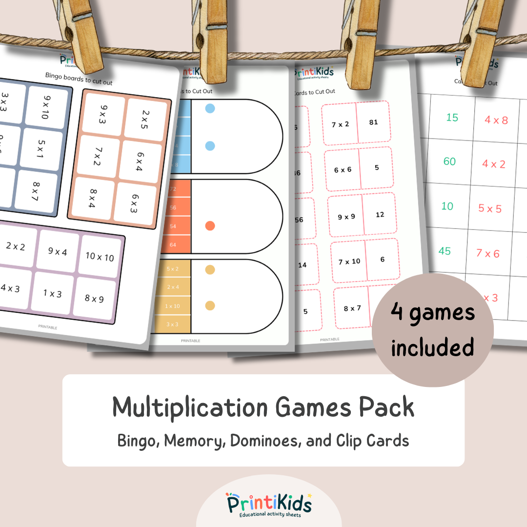 Multiplication Games Bundle Printable – 4 Fun Times Tables Activities (Ages 7–9 | Grade 2–3 / Year 3–4)