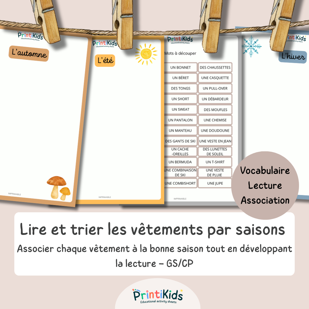 Tri des vêtements par saisons à imprimer – Lecture et vocabulaire – GS CP