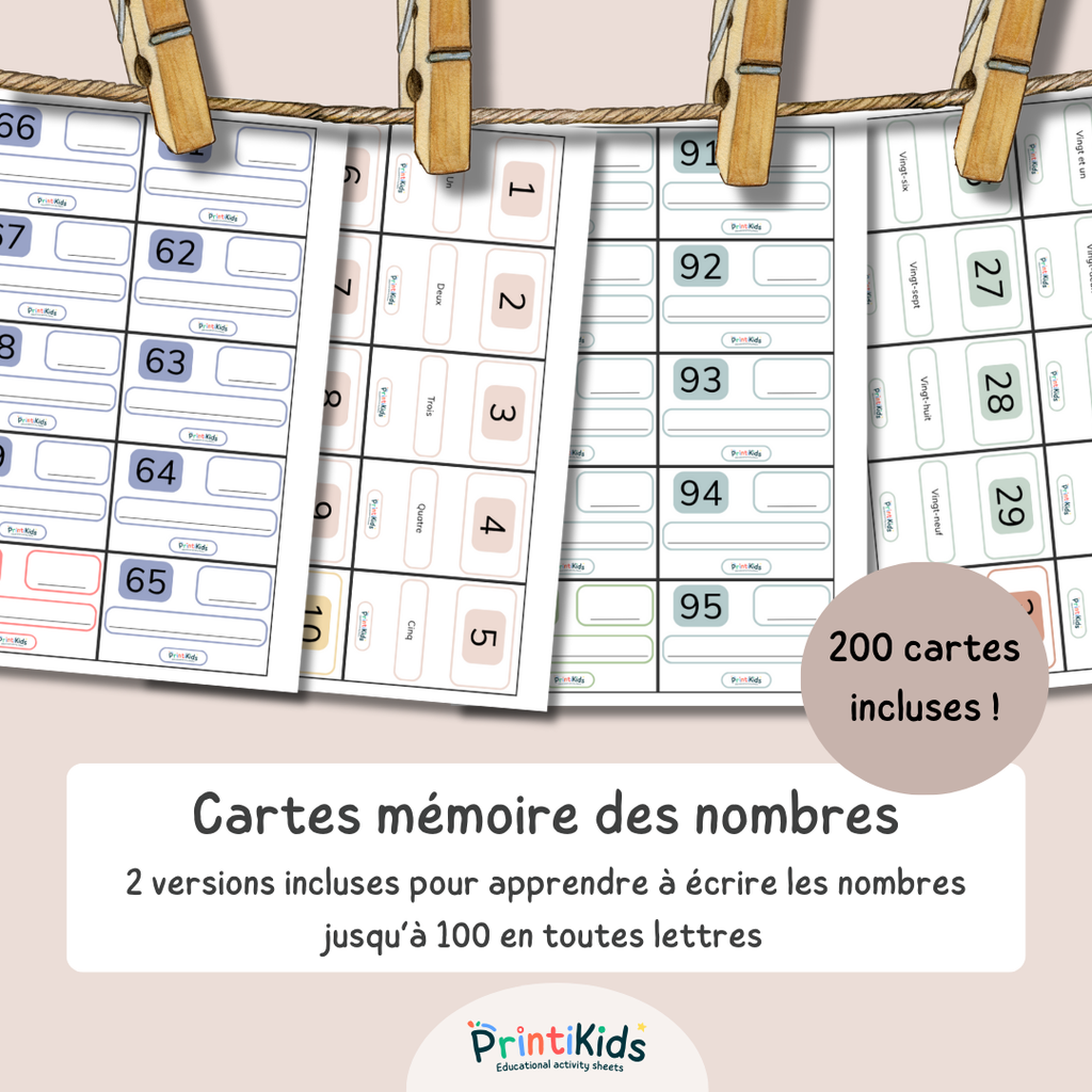 Cartes d’écriture des nombres en lettres jusqu’à 100 – 200 cartes pédagogiques - CP–CE2