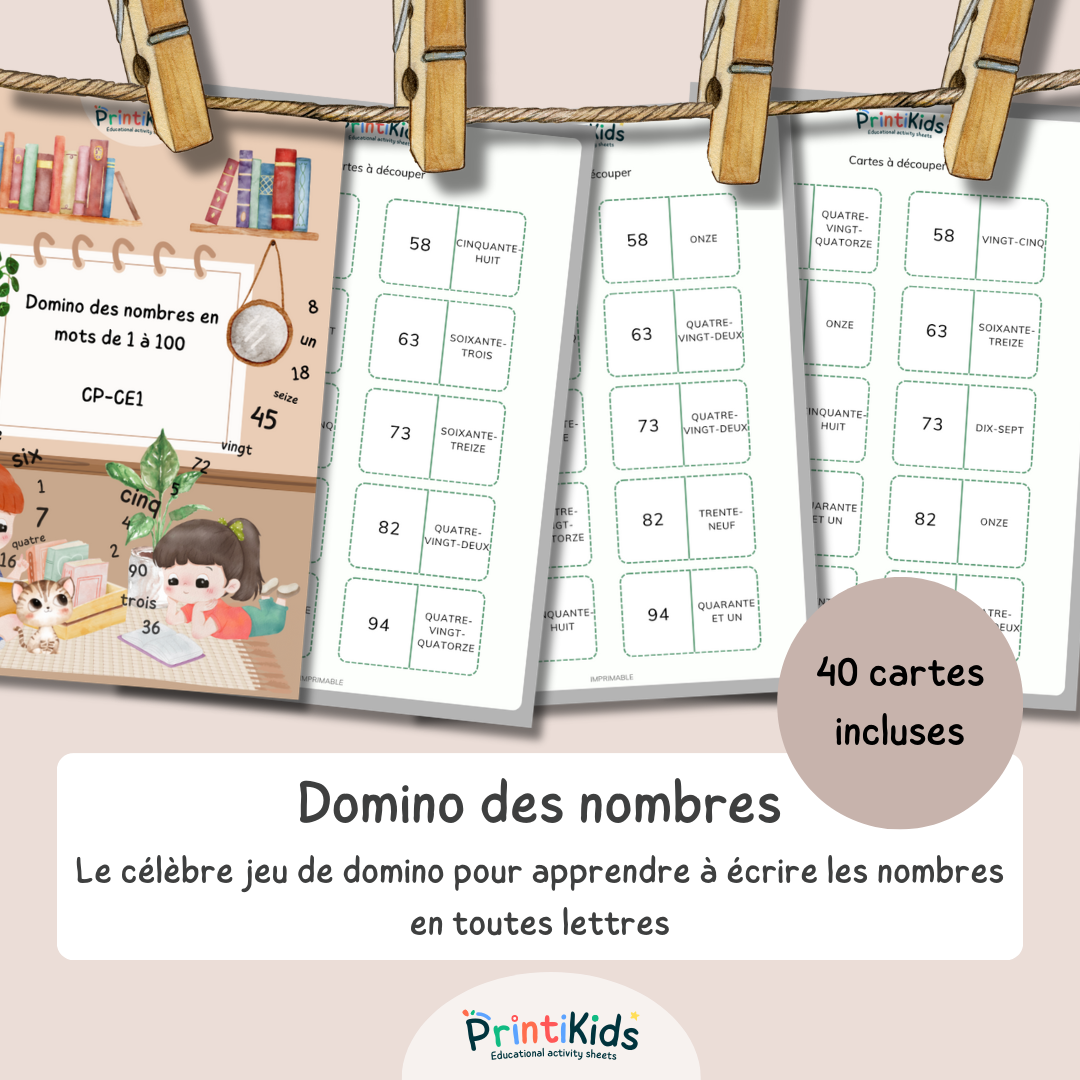 Domino des nombres en lettres jusqu'à 100 - CP - CE1