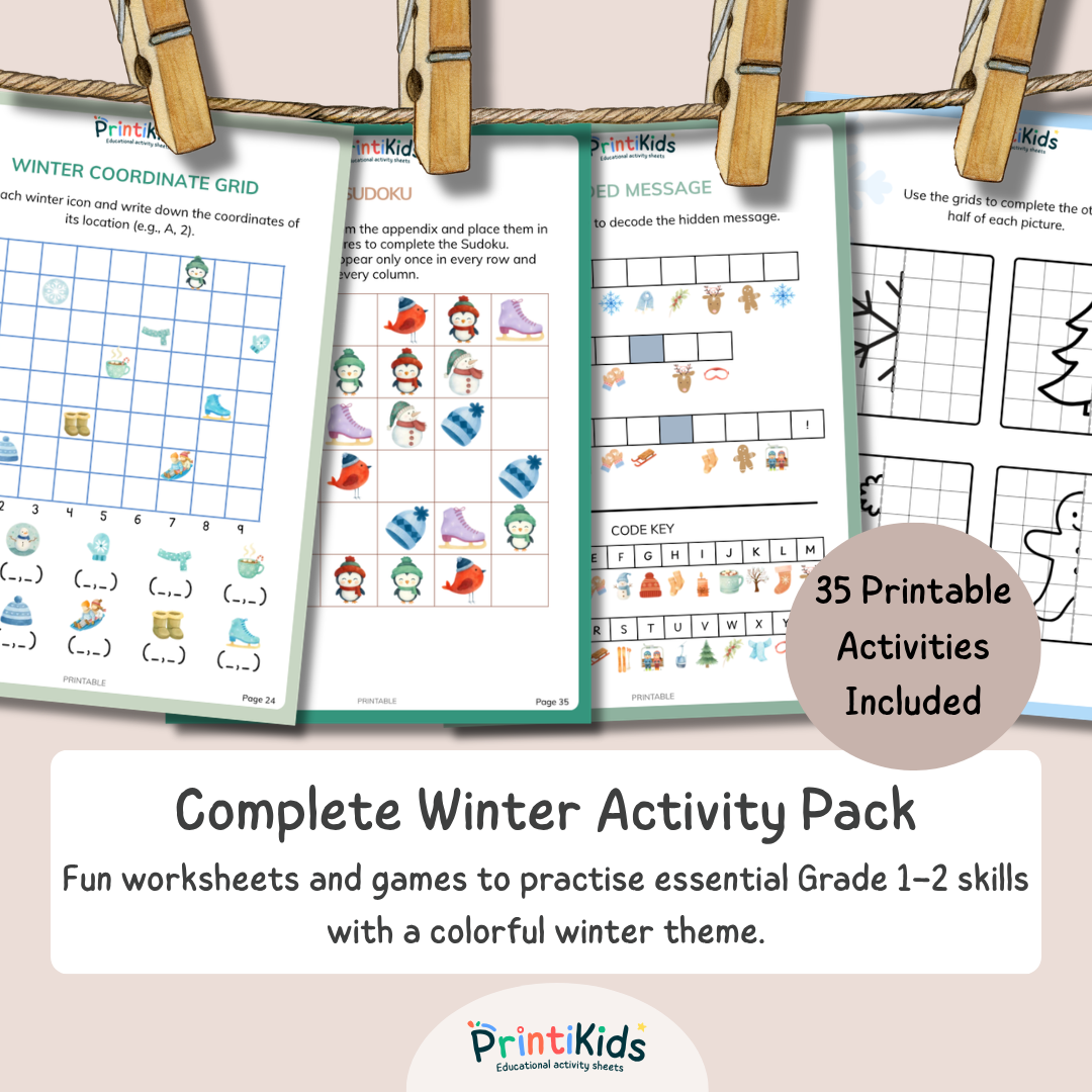 Complete Winter Activity Pack – 35 Printable Worksheets & Games – Grade 1–2
