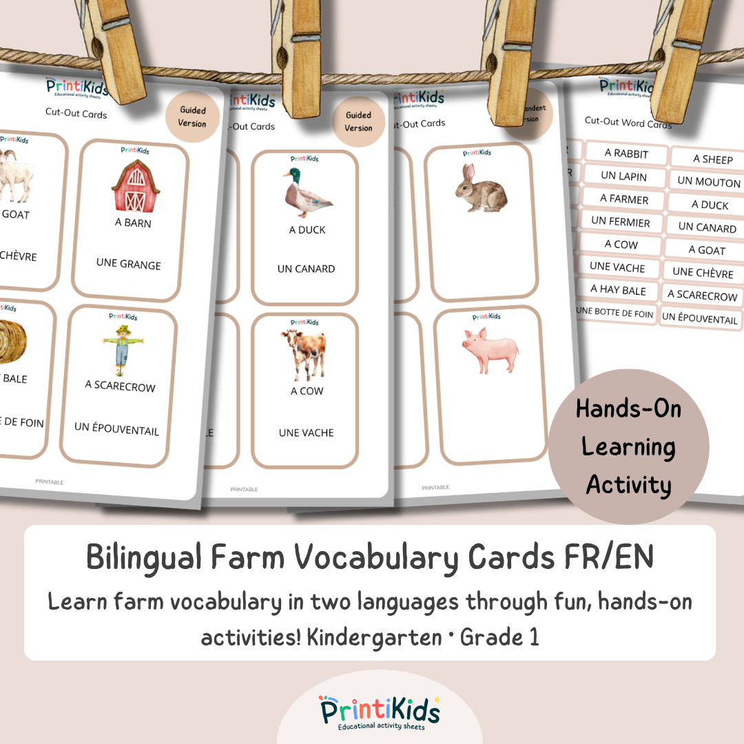 🇫🇷🇬🇧 French English Farm Vocabulary Cards – Printable Bilingual Activity for Kids