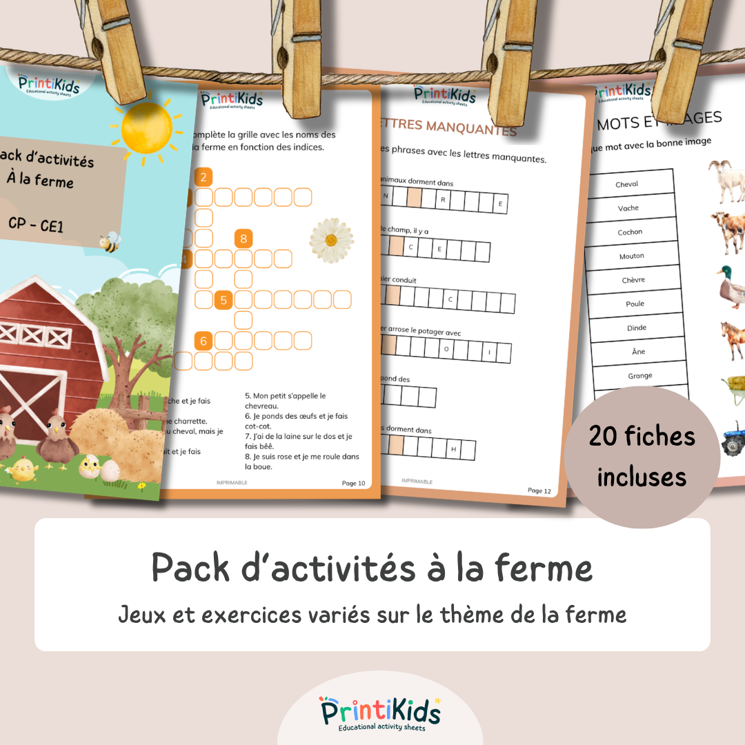 Pack activités de la ferme – Pack de jeux éducatifs et fiches pédagogiques - CP CE1