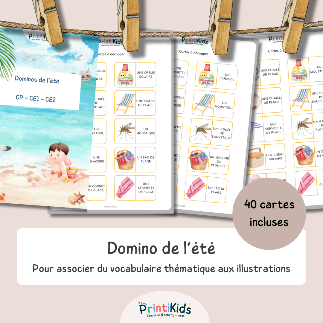 Domino des mots de l’été CP CE1 – Jeu de vocabulaire à imprimer CP CE1