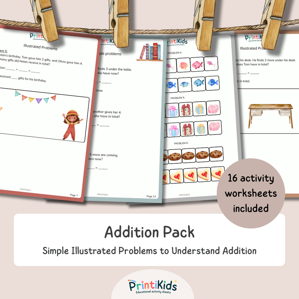 Addition Worksheets Pack – Simple & Illustrated Word Problems (Ages 6–8 | Grade 1–2 / Year 2–3)