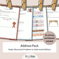 Addition Worksheets Pack – Simple & Illustrated Word Problems (Ages 6–8 | Grade 1–2 / Year 2–3)