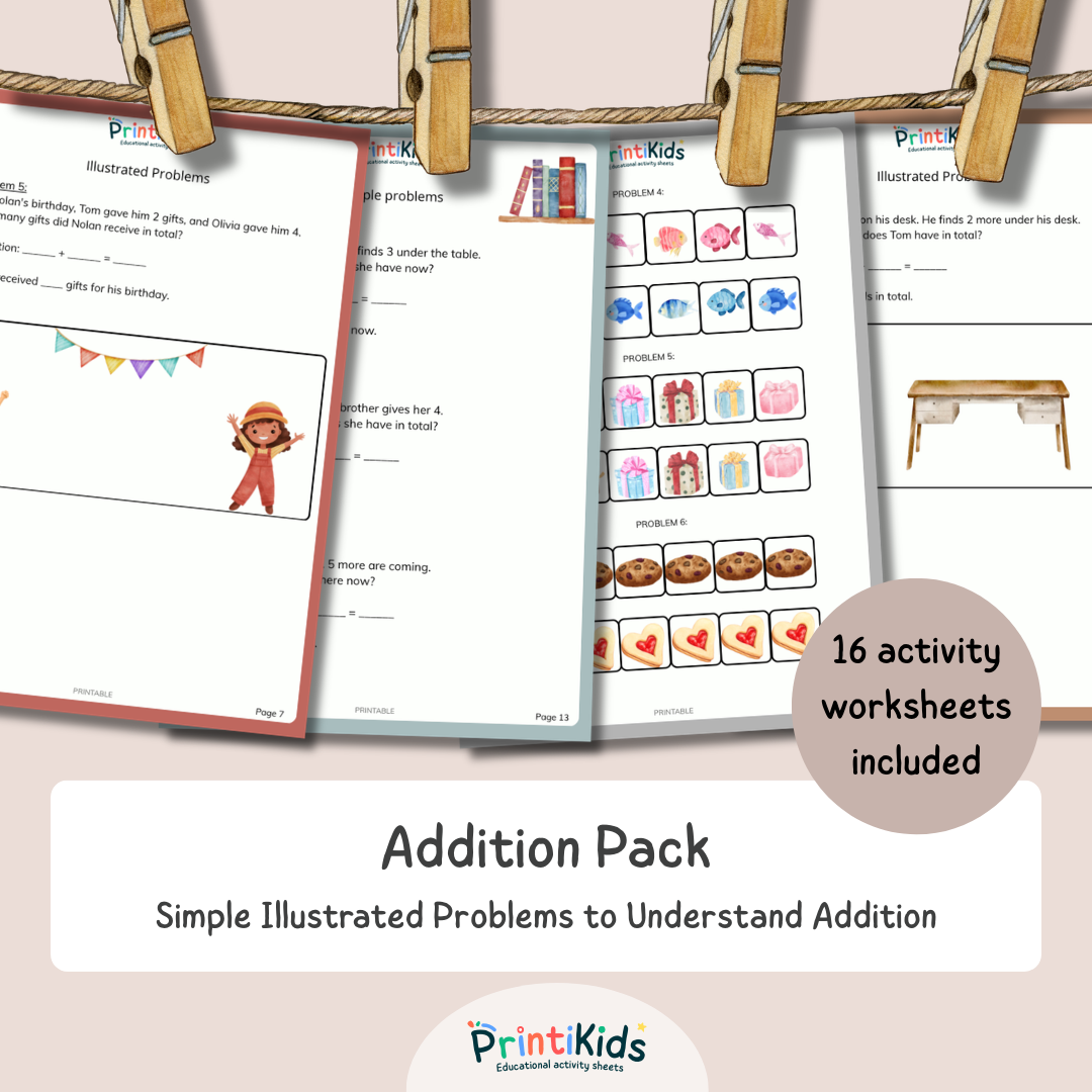Addition Worksheets Pack – Simple & Illustrated Word Problems (Ages 6–8 | Grade 1–2 / Year 2–3)