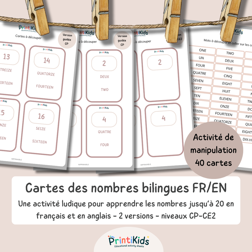 🇫🇷🇬🇧 Cartes nombres bilingues français anglais à manipuler (1 à 20) – CP CE1 CE2